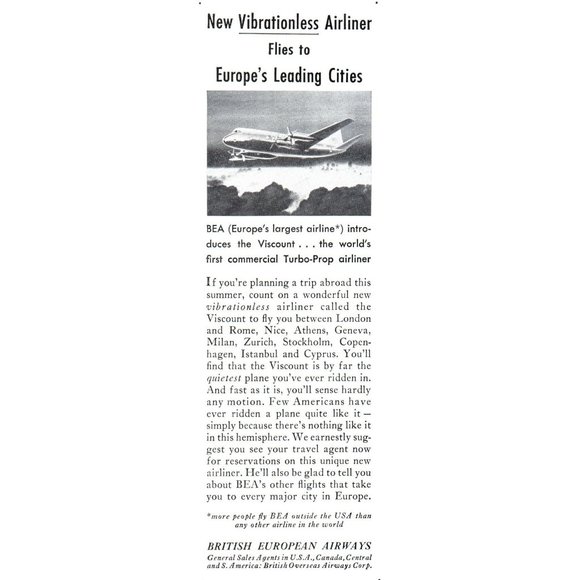 1953 BEA British European Airway Vickers Viscount Airplane Vintage Print Ad Art - Picture 1 of 2